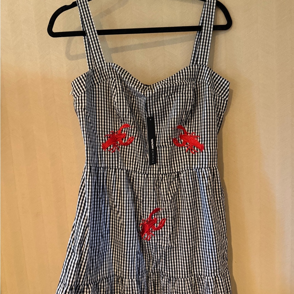 Fashion Nova Black & White Gingham Dress with Red Lobster Appliqués